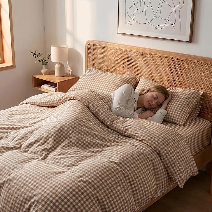 NEXHOME PRO Tan Gingham Duvet Cover Twin, 100% Washed Cotton Like Linen Feel Organic Natural Bedding Set 3 Piece Brown Vintage Plaid Checkered Comforter Cover Set (No Comforter) 6890
