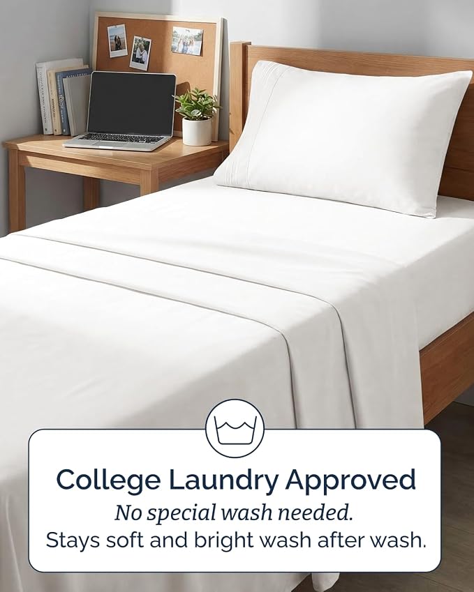 Twin XL 4 Piece Sheet Set - College Dorm Room Essentials - Antique White | Ultra Soft Dorm Bedding Set, 8" to 16" Inch Deep Pockets, 1 Flat & 1 Fitted Sheet & 2 Pillowcases, Wrinkle & Fade Free