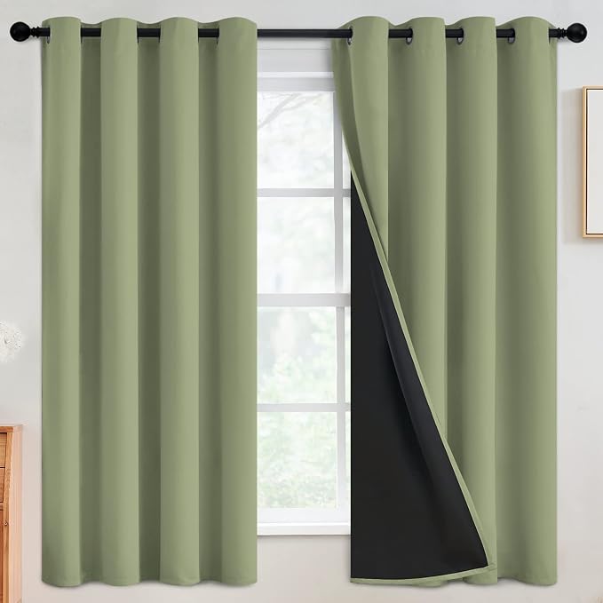 SimpleHome Sage 100% Blackout Curtains Room Darkening Living Room 63 Inch | Curtains for Bedroom,Thermal Insulated Grommet Window Drapes,Curtains for Living Room with Black Back,52 x 63 Inch,2 Panels