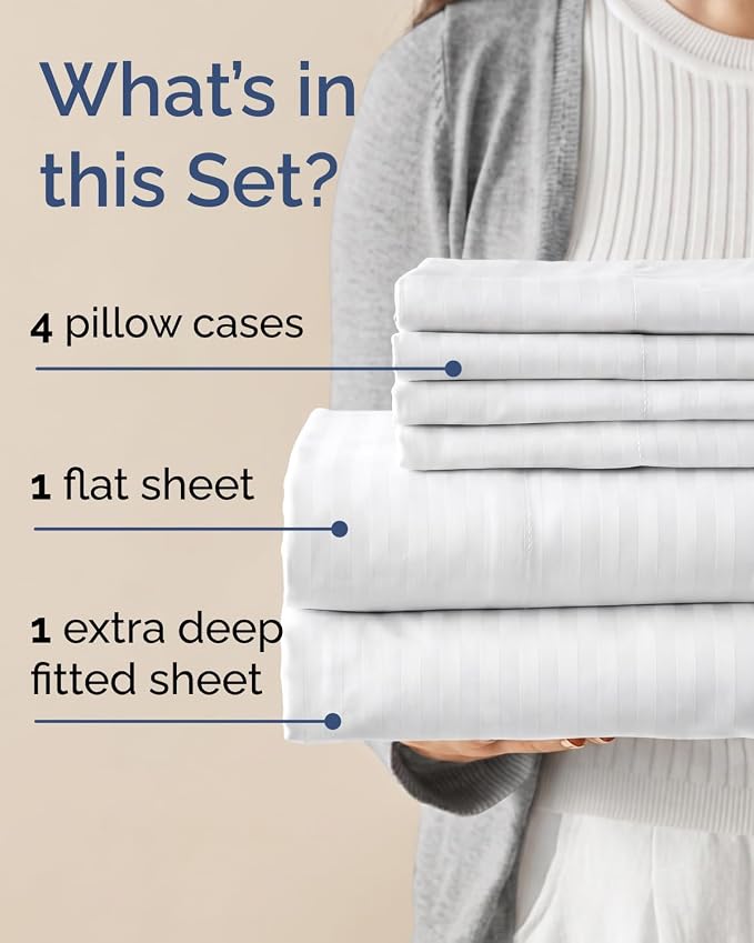 Cal King 6 Piece Bed Sheet Set - Soft, Breathable & Cooling - Striped White | Ultra-Soft Hotel Luxury Bedding Set with 8-16 Inch Deep Pockets, 1 Flat & 1 Fitted Sheet & 4 Pillowcases, Wrinkle & Fade Free