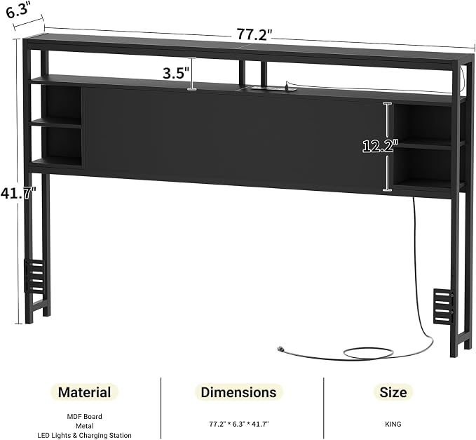 Unikito King Size Headboard with Storage, Headboard with Power Outlet and RGB LED Lights, Sturdy Head Board for King Size Bed, Stable Headboards Only for Bedroom, Dorm Room, Guest Room, Black