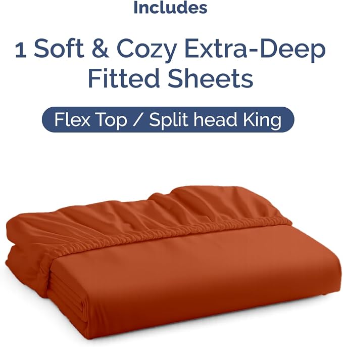 Extra Deep Flex Top Split Head King Fitted Sheet - Hotel Luxury Single Fitted Sheet Only - Easily Fits 18 inch to 24 inch Mattress - Ultra Soft, Wrinkle Free w/Extra Deep Pockets - Terracotta
