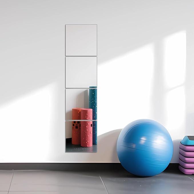 Glass Full Length Wall Mirror Tiles, 12" x 12" x 4PCS Home Gym Mirror | Frameless Wall Mounted Mirror for Garage, Bedroom, Living Room, Over The Door