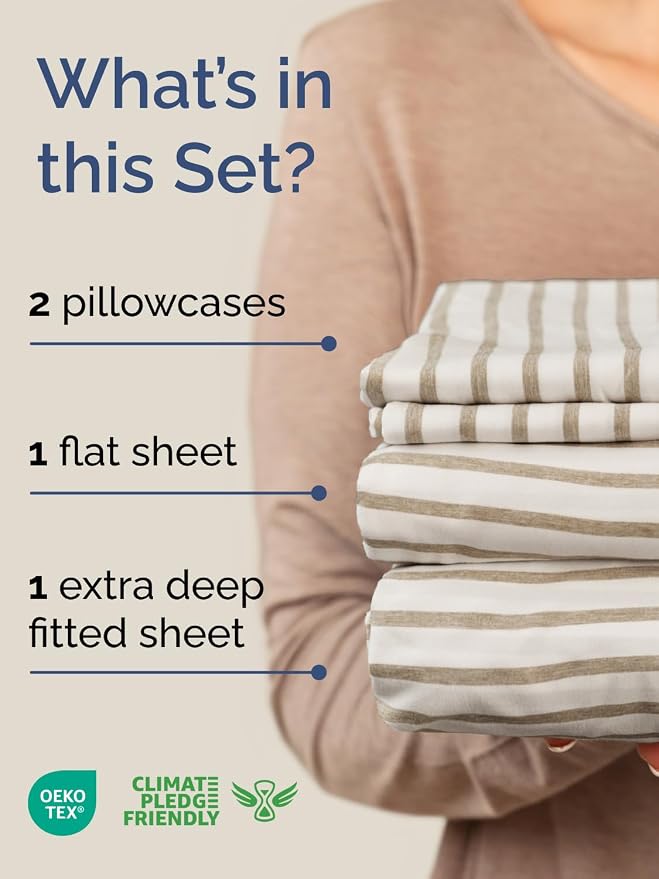 Extra Deep Cal King Sheet Set - 4 Piece Cooling Bed Sheets - Beige Stripes | Easily Fits 18 to 24 inch Mattress, Ultra Soft, Wrinkle & Fade Free with Extra Deep Pockets, Comfy Hotel Luxury Bedding