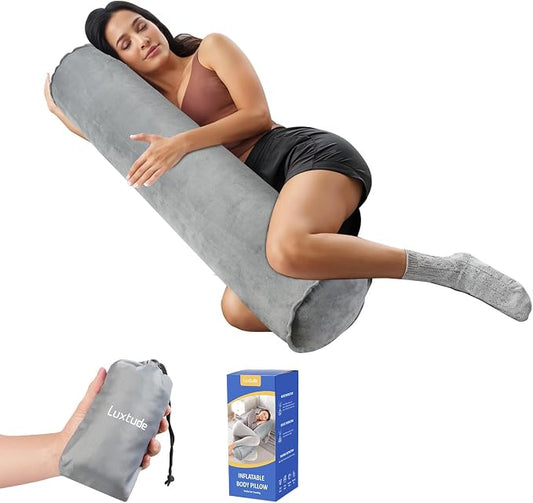 Luxtude Inflatable Body Pillow for Adults Kids, Travel Body Pillow | 35Inch Long Round Pillows for Side Sleeper, Soft Round Bolster Pillow for Camping, Hugging Sleeping, Back, Leg etc.