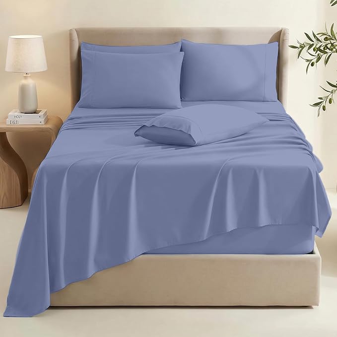 Hearth & Harbor Extra Deep Pocket Sheets - Fits Mattress 18-24 Inches Deep - Extra Deep Pocket Twin Sheets Sets - 4 Piece Twin Size - Steel Blue