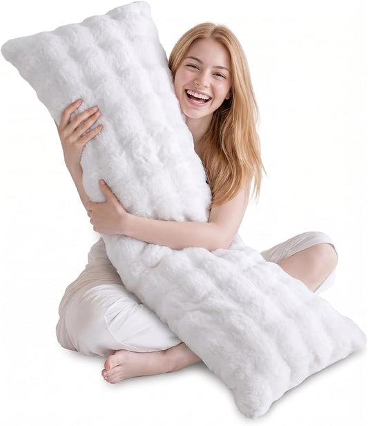 DOWNCOOL Premium Large Body Pillow Insert with Faux Rabbit Fur Cover - Large Full Body Pillows for Adults - Soft Long Bed Pillows for Side Sleepers - 20x54 inch (White, with Cover)