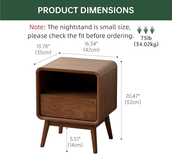 100% Solid Walnut Nightstand with Drawer, Mid-Century Nightstand with Open Storage, Wood Bedside Table for Bedroom,(19.68" H)