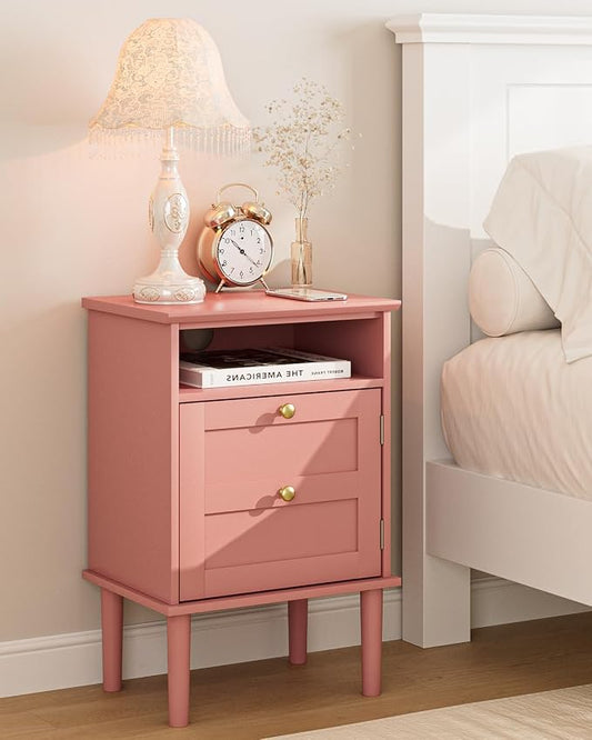 Nightstand, Boho Night Stand with 1 Drawers, Modern Side Accent Table with Open Shelf, Wooden Top Bedside End Table for Bedroom, Living Room, Pink