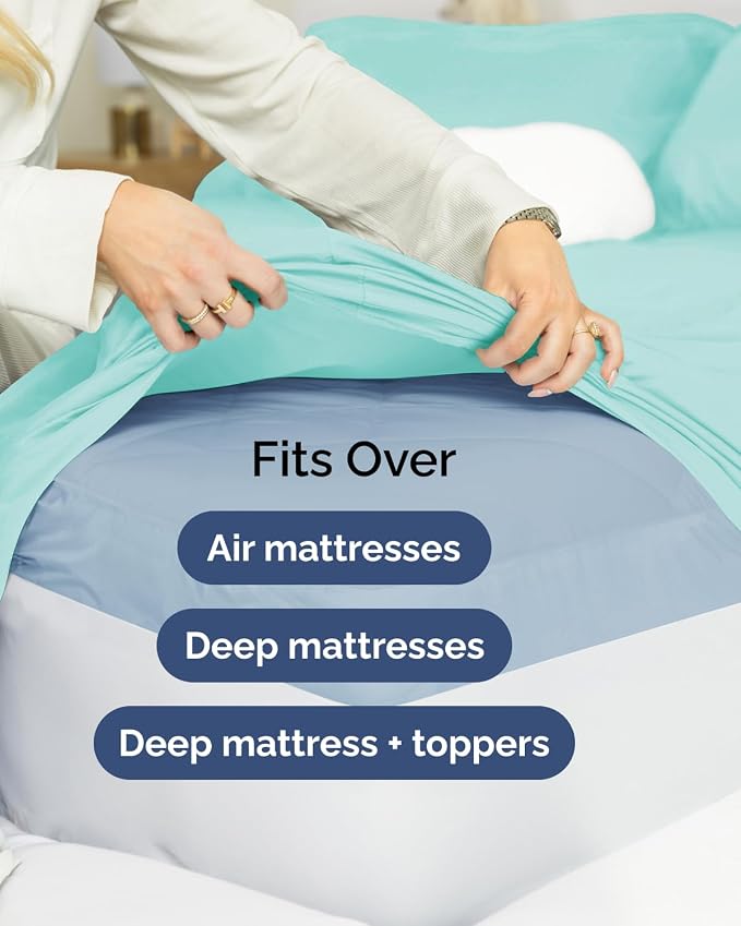 Flex Top Split Head King Sheet Set - 4 Piece Extra Deep Sheets - Spa Blue | Easily Fits 18 to 24 inch Mattress, Ultra Soft, Wrinkle & Fade Free with Extra Deep Pockets, Comfy Hotel Luxury Bedding