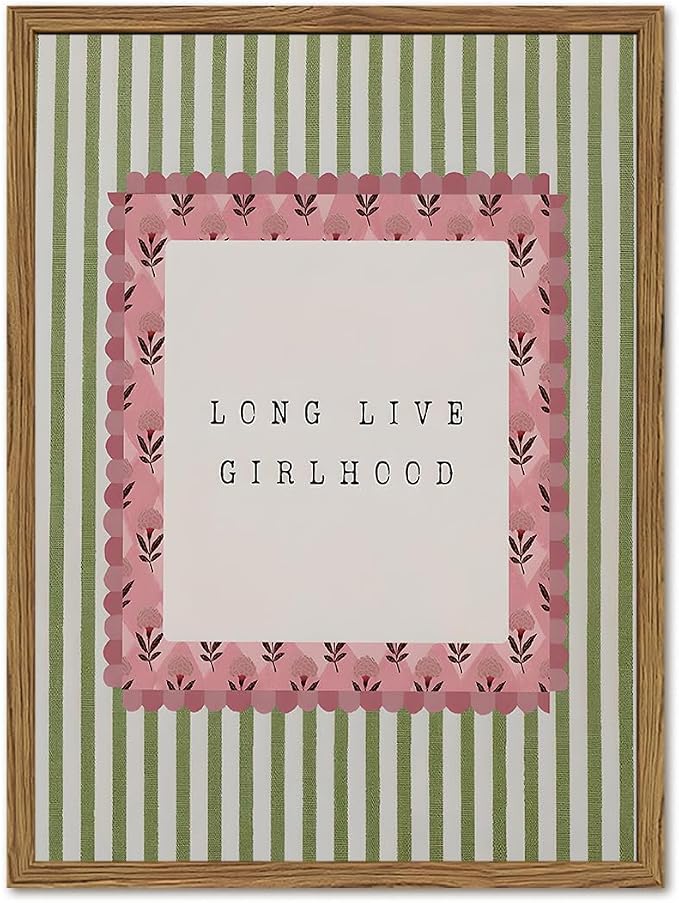 Long Live Girlhood Wall Art Vintage Girl Nursery Wall Decor Picture, Pink and Green Striped Baby Girls Poster Canvas Print Painting Artwork for Living Room Bedroom 12x16 inch Wood Framed