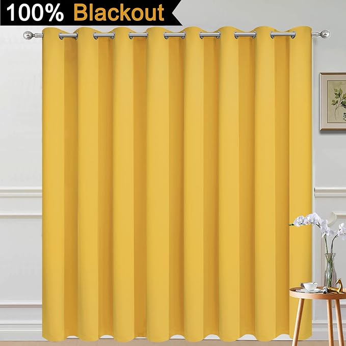 Yakamok Mustard Yellow Blackout Patio Door Curtain Panels W100 x L84, 1 PCS | Noise Reducing Barrier Panel for Sliding Glass Door, 2 Thick Layers Heat Full Light Blocking Patio Door Drapery