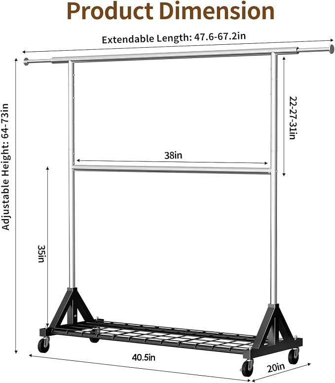 Luxspire Heavy Duty Clothes Rack Load 600 LBS, Double Rod Clothing Rack, Rolling Garment Racks with Lockable Wheels, Shelves, Adjustable Laundry Hanging Racks for Clothes
