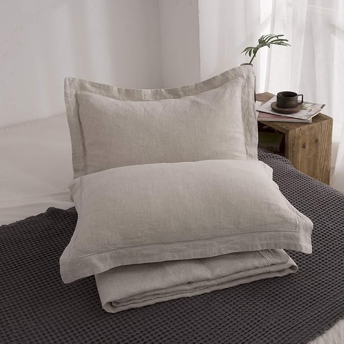 Simple&Opulence 100% Linen Duvet Cover Set with Embroidery Border Washed - 3 Pieces (1 Duvet Cover with 2 Pillow Shams) with Button Closure Soft Breathable Farmhouse - Linen, Full Size