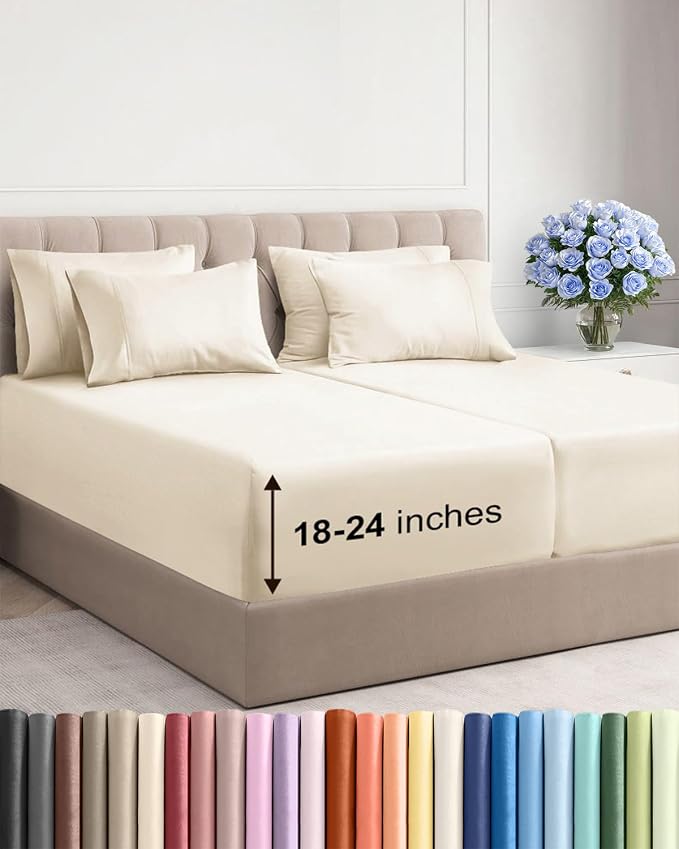 Extra Deep Split King Sheet Set - 7 Piece Breathable & Cooling - Off White | Hotel Luxury Bed Sheets Set, Easy & Secure Fit, Ultra-Soft, Wrinkle & Fade Free, Comfy Sheets Set with Extra Deep Pockets