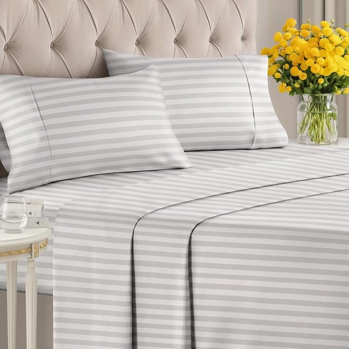 Queen 4 Piece Striped Sheet Set - Soft, Breathable & Cooling - Greyscale | 1 Flat, 1 Fitted & 2 Pillowcases w/ Deep Pockets, Luxury Striped Bedding, Soft, Breathable & Cooling, Wrinkle & Fade Free
