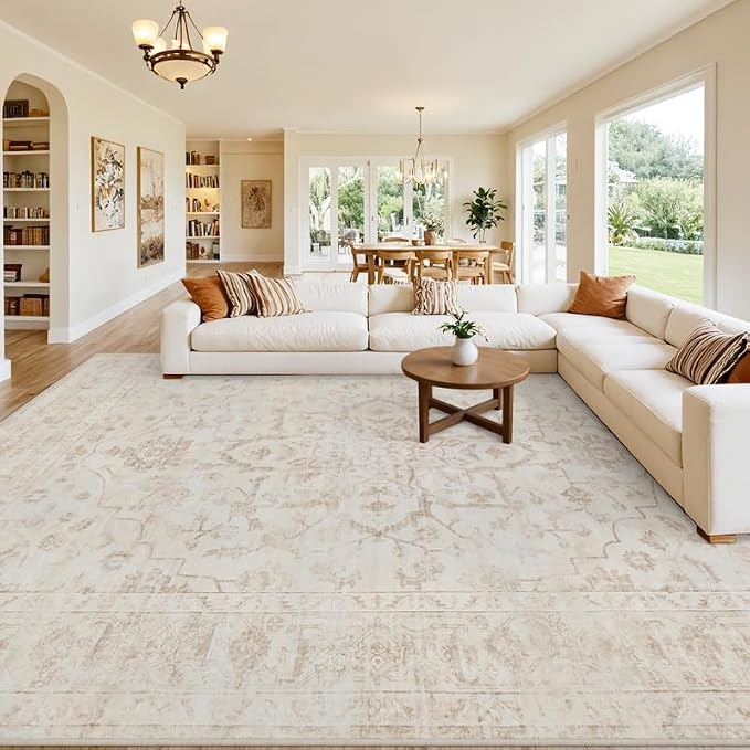10x12 Area Rugs Living Room: Bedroom Washable Carpet Warm Beige | Vintage Boho Soft Small Indoor Decor Floor Non-Slip Low Pile Neutral Farmhouse Entryway Laundry Bathroom Bedroom Beside Rugs
