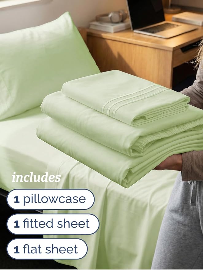 Twin XL 3 Piece Sheet Set - College Dorm Room Essentials - Light Sage Green | Deep Pocket Bed Sheets for Women, Men, Teens & Students, Soft, Cooling, Breathable & Wrinkle Free, Oeko-Tex Bed Sheet Set