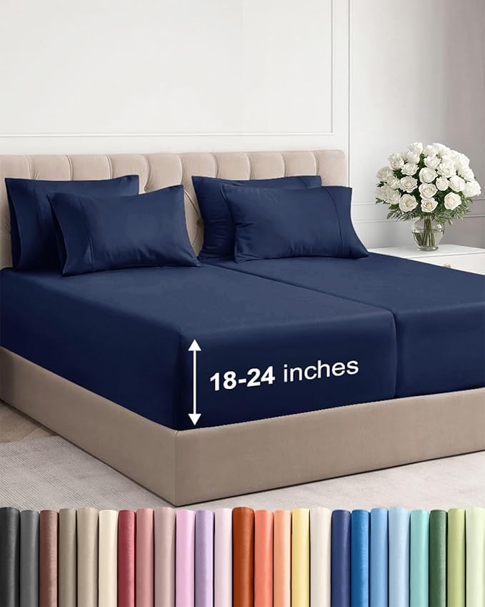 Extra Deep Split King Sheet Set - 7 Piece Breathable & Cooling - Navy Blue | Hotel Luxury Bed Sheets Set, Easy & Secure Fit, Ultra-Soft, Wrinkle & Fade Free, Comfy Sheets Set with Extra Deep Pockets