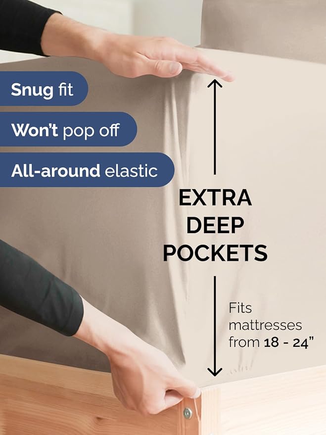 Extra Deep Split King Fitted Sheet - Single Fitted Sheet Only - Wheat | Easily Fits 18 inch to 24 inch Mattress, Soft, Wrinkle Free, Breathable & Comfy, Extra Deep Pockets Hotel Luxury Fitted Sheet