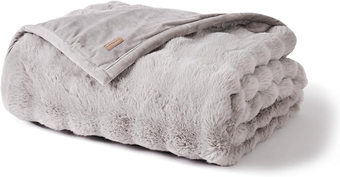 EverGrace Faux Rabbit Fur Bubble Throw Blanket, 60"x80", Taupe | Ultra Soft, Luxury Faux Rabbit Fur Throw, Thick Warm Bubble Blanket, Cozy Fluffy Reversible, for Bed, Couch, Chair, Sofa