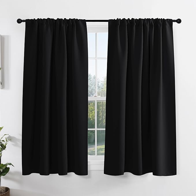 PONY DANCE Short Black Out Curtains 48 inch Long for Small Window, 2 Panels | Rod Pocket Privacy Bathroom Draperies,Thermal Insulated Lighting Blocking Drapes for Basement(Black, W42 x L48 inches)