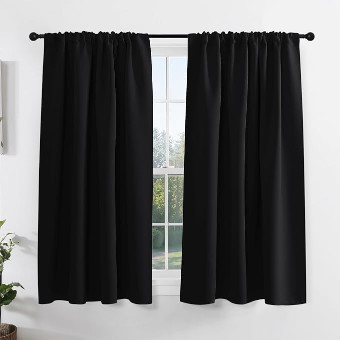 PONY DANCE Kitchen Window Curtains Over Sink(2 Panels, Black, 42"W x 45"L) | Short Blackout Bathroom Window Curtains, Thermal Insulated Rod Pocket Home Decor Drapes for Bedroom Small Window(