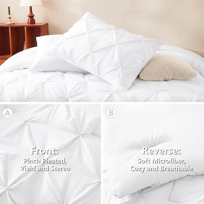 Queen Comforter Set White, 7 Pieces Pintuck Bed in a Bag | OEKO-TEX 100 Certified, 240GSM All Season, Bedroom, Guest Room, Down-Alternative Comforter, Sheets, Pillowcases & Shams
