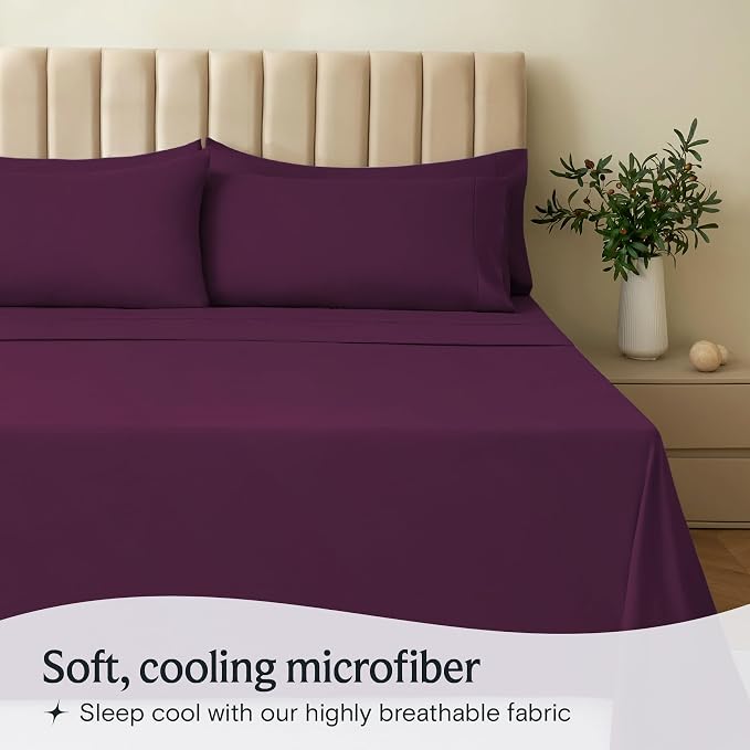LuxClub Twin Size Sheets Set, Cooling & Soft Deep Pocket Bed Sheets, 3PC | LuxClub Silky Fitted Sheet & Pillowcase Sets, Breathable Hotel Luxury Bedding for Mattress Wrinkle Free, Eggplant