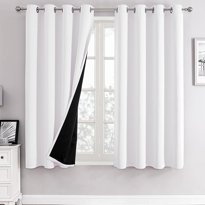 ChrisDowa White 100% Blackout Curtains for Bedroom 63 Inches Long 2 Panels | 2 Thick Layers, Thermal Insulated, Grommet, Window Treatment, Living Room Drapes with Black Liner, Pure White, 52 x 63 Inch
