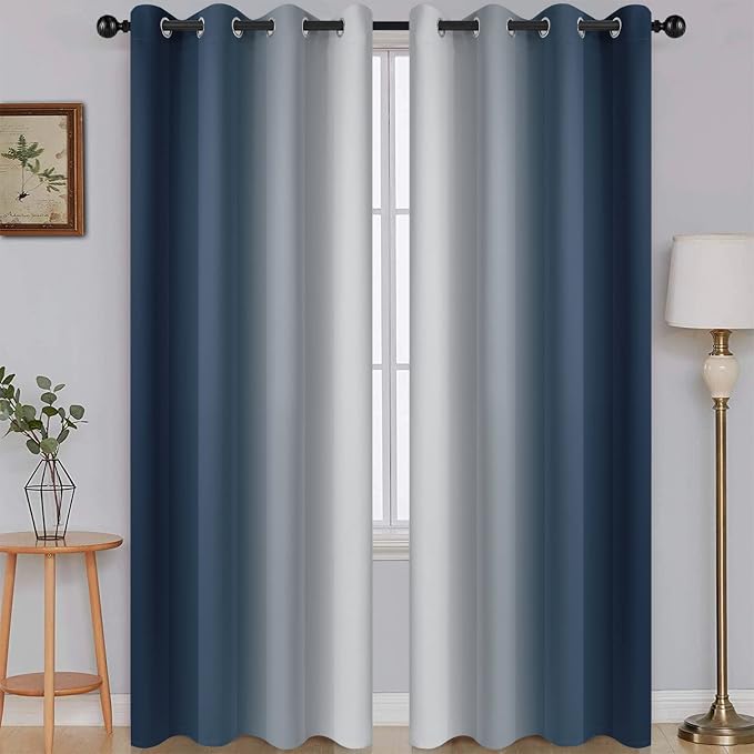 SimpleHome Ombre Navy Blue to Grey White Curtains for Living Room 52Wx84L | Room Darkening Curtains for Bedroom,Gradient Light Blocking Curtain,Thermal Insulated Grommet Window Drapes,2 Panels,84 Inch