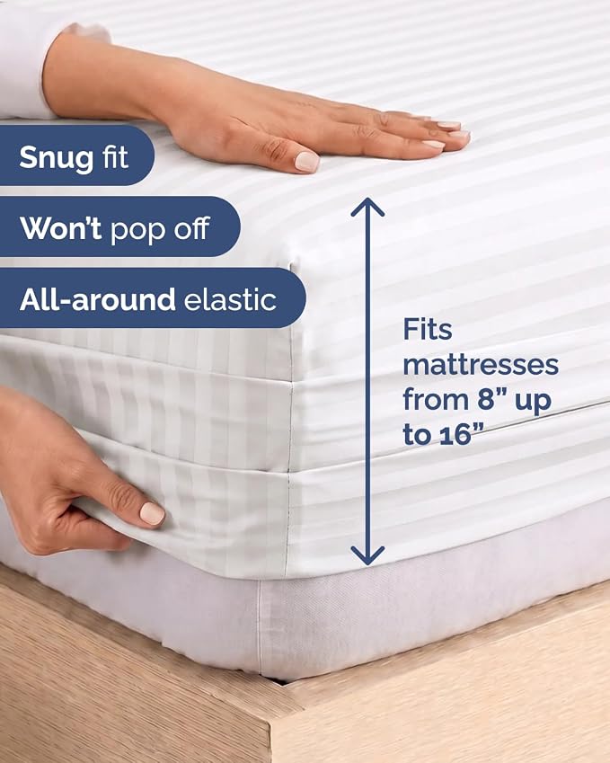Split King 7 Piece Bed Sheet Set - Breathable & Cooling - Striped White | Ultra-Soft Hotel Luxury Bedding Set w/ 8-16 Inch Deep Pockets, 1 Flat & 2 Fitted Sheet & 4 Pillowcases, Wrinkle & Fade Free