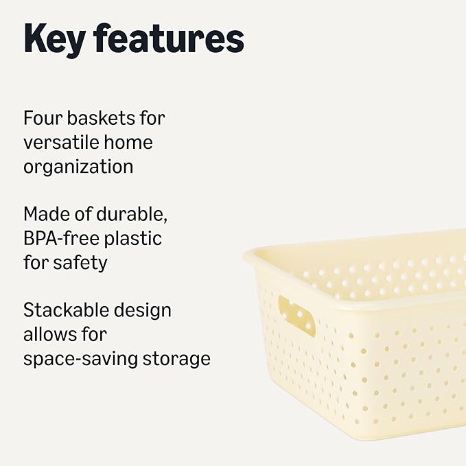 Amazon Basics Decorative BPA-Free Plastic Storage Baskets, 13.66 x 11.34 x 5.39 inches, Ivory, 4-Pack