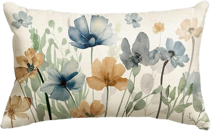 AVOIN colorlife Chinoiserie Poppy Flowers Throw Pillow Cover 12x20 Inch | Light Brown Blue Seasonal Leaves Cushion Case Decoration for Sofa Couch Farmhouse