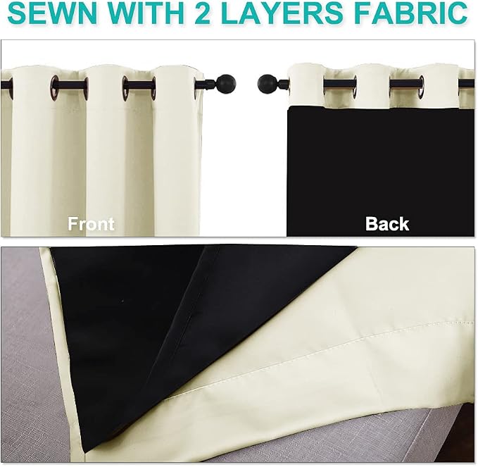 NICETOWN Beige Blackout Curtains for Patio 46" Wide x 90" Long 2 Panels | Thermal Insulated 100% Room Darkening Noise Reducing Performance Drapes with Black Lining, Full Light Blocking Home Decor