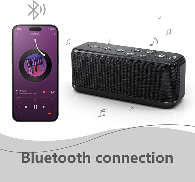 Rechargeable Sound Machine with Bluetooth Speaker, White Noise for Sleep | 15 Soothing Sounds, 3000mAh Type-C Rechargeable Battery, 30/60/120-Minute Auto-Off Timer, Memory and Portable Design