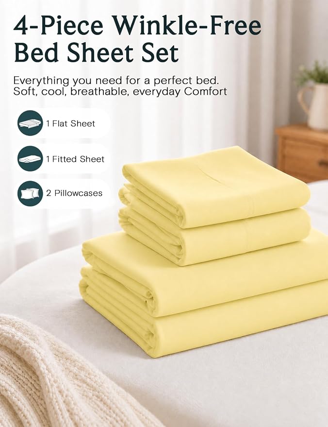 LuxClub Full Size Sheets, Cooling & Soft Deep Pocket Bed Sheets, 4PC | LuxClub Silky Fitted Sheet & Pillowcase Sets, Breathable Hotel Luxury Bedding for Mattress Wrinkle Free, Lemon