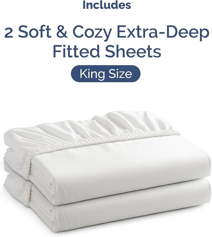 2 Pack Extra Deep King Fitted Sheets with Extra Deep Pockets - White | Hotel Luxury Bottom Fitted Sheets Only, Soft, Fade & Wrinkle Free, Breathable & Comfy, All Around Elastic Fitted Sheets