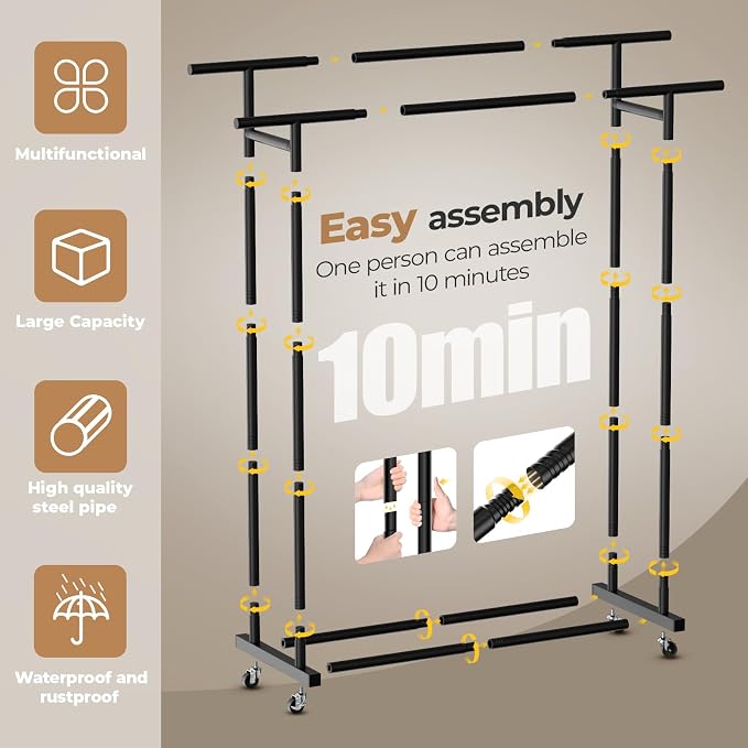 Abiglifty Double Rods Clothes Rack for Hanging Clothes | Clothing Rack with Wheels, Portable Closet Organizer for Laundry, Room (Black）