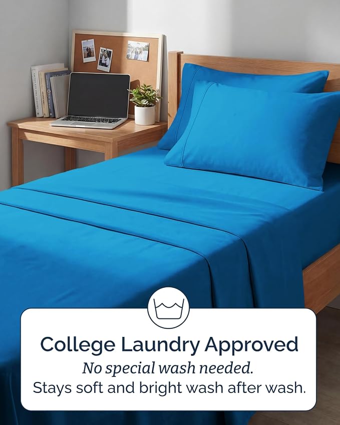 Extra Deep Twin XL Sheet Set - 4 Piece College Dorm Room - Royal Blue | College Dorm Room Essentials, Easy & Secure Fit, Ultra-Soft, Wrinkle & Fade Free, Comfy Sheets Set with Extra Deep Pockets