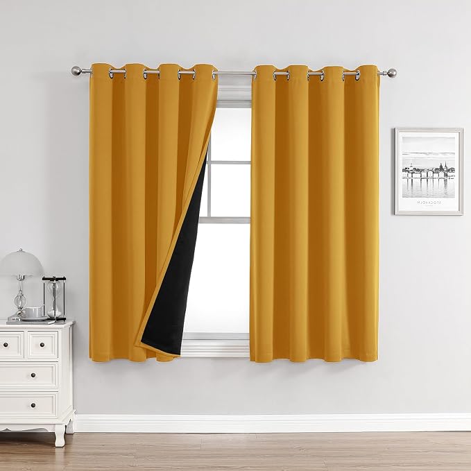 ChrisDowa 100% Blackout Curtains for Bedroom 2 Panels Set with Black Liner | 2 Thick Layers Total Light Blocking Thermal Insulated Grommet Window Curtains for Living Room, Mustard Yellow, 52 x 45 Inch