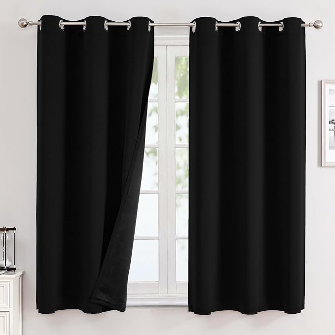 ChrisDowa 100% Blackout Curtains for Bedroom 54 Inches Long 2 Panels Set | 2 Thick Layers, Thermal Insulated, Light Blocking, Grommet, Window Treatment, Living Room Drapes, Black, 42 x 54 Inch