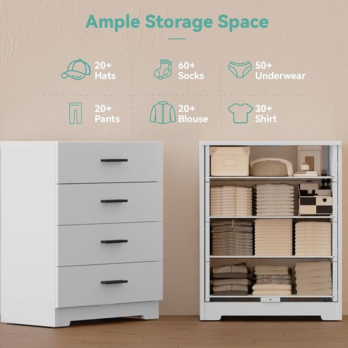 FJTJBSI Dresser with Power Outlets Wooden 4 Drawer Dresser with USB and Type C Port Chest of Drawers for Bedroom Tall White Organizer Storage for Living Room Hallway Closet