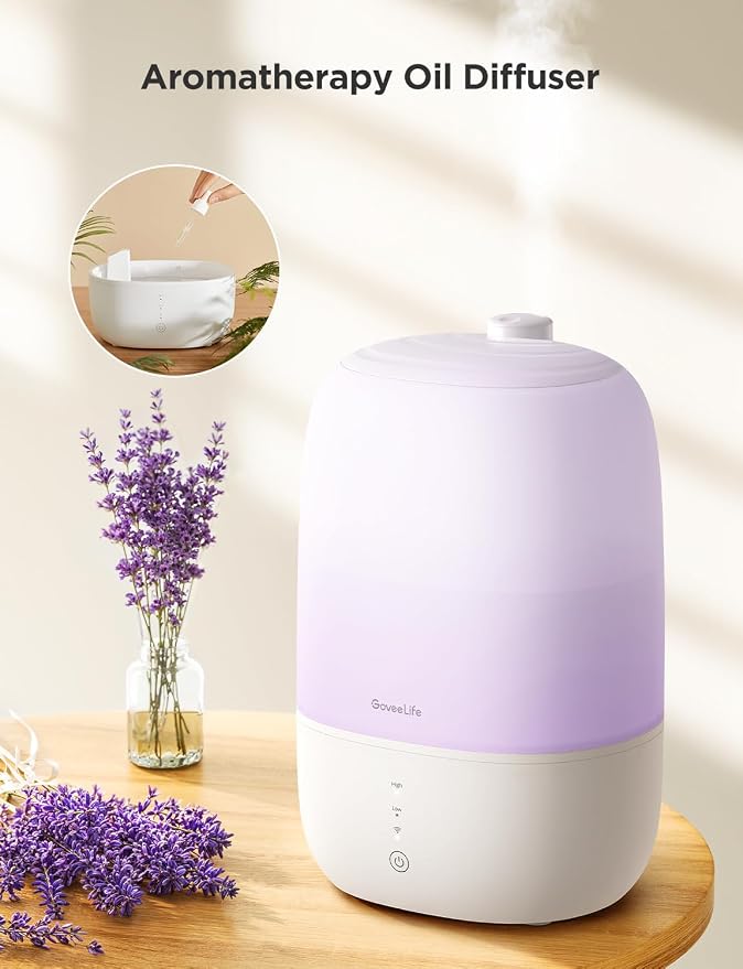 GoveeLife Smart Humidifiers for Bedroom, 3L Top Fill Cool Mist Humidifier | 24dB Quiet Runtime, Humidity Control, Easy to Clean, 25H Lasting, RGB Night Light for Baby, Plants, Works with Alexa