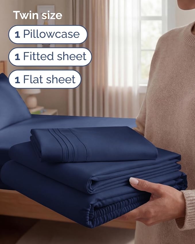 Twin Size 3 Piece Sheet Set - Comfy Breathable & Cooling Sheets - Navy Blue | Hotel Luxury Bed Sheets for Women & Men, Deep Pockets, Easy-Fit, Extra Soft and Wrinkle Free Sheets, Oeko-Tex Bed Sheet Set