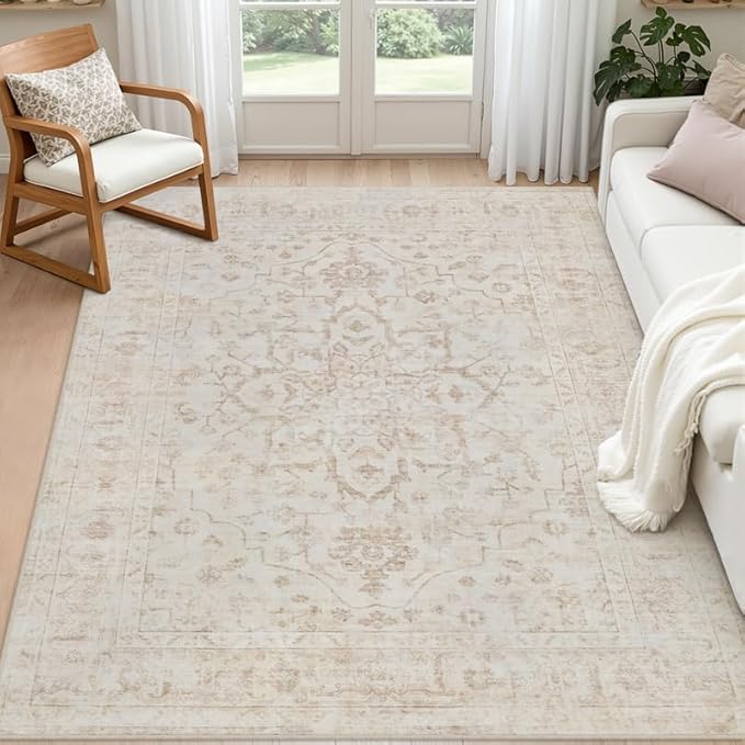 6x9 Area Rugs Living Room: Bedroom Washable Carpet Warm Beige | Vintage Boho Soft Small Indoor Decor Floor Non-Slip Low Pile Neutral Farmhouse Entryway Laundry Bathroom Bedroom Beside Rugs