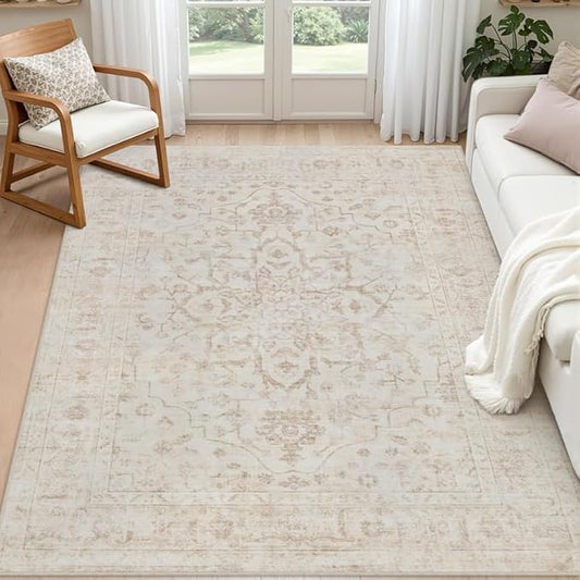 6x9 Area Rugs Living Room: Bedroom Washable Carpet Warm Beige | Vintage Boho Soft Small Indoor Decor Floor Non-Slip Low Pile Neutral Farmhouse Entryway Laundry Bathroom Bedroom Beside Rugs
