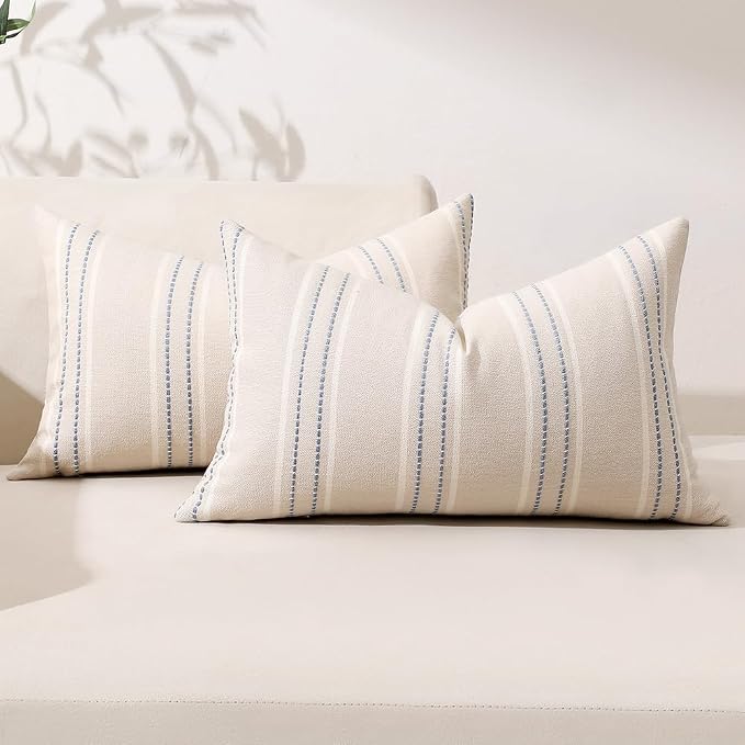 Hckot Stripe Throw Pillow Covers 12x24 Lumbar Dusty Blue Pillow Covers | Farmhouse Decorative Pillows Textured Cushion Covers for Sofa Couch Bed Living Room Decor