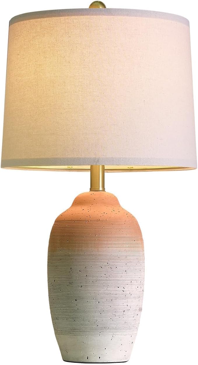 USumkky 24.5" Ceramic Table Lamp with 5FT Cord, Single Farmhouse Vintage Rustic Bedside Lamp for Living Room Bedroom Entryway, Linen Shade Nightstand End Table Decor (Bulb Not Included)-White&Brown
