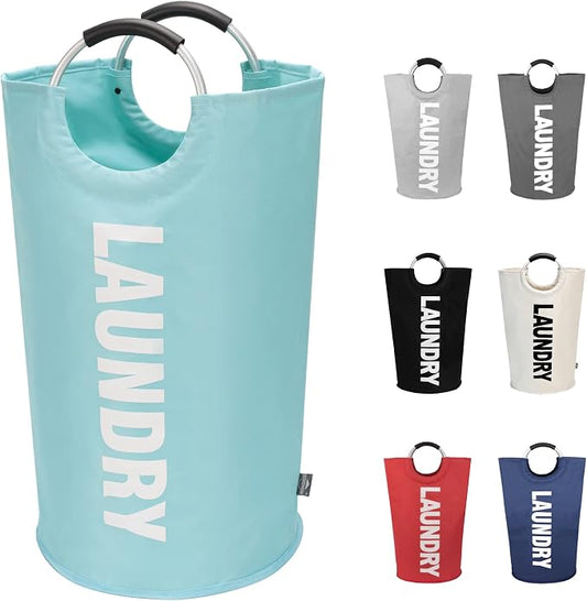 DOKEHOM 90L Large Laundry Basket Bag, Collapsible Tall Hamper, Light Blue | Freestanding tall washing bin & foldable laundry bag. High-capacity clothes storage basket with durable sturdy handles